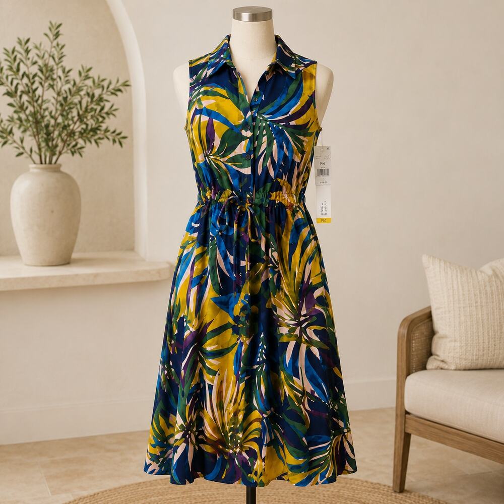 Sandra Darren Petite Tropical Midi Shirt Dress PM NWT Pockets